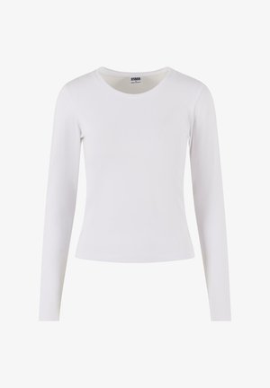 Langärmliges weißes T-Shirt aus weicher Baumwolle, mit Rundhalsausschnitt und taillierter Silhouette, ohne Muster oder Akzente.