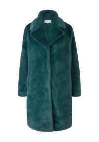 Turkusowy płaszcz z sztucznego futra z kołnierzem w stylu szala, dwoma przednimi kieszeniami i prostym krojem. Luksusowa tekstura o miękkim, pluszowym wykończeniu.