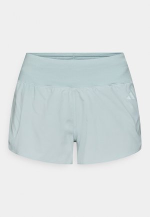 Light blue athletic shorts made of lightweight fabric. Features a stretchy waistband and side pockets. Subtle brand logo on the side.