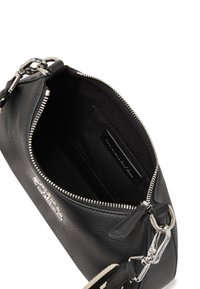 Black leather bag with a textured surface, silver zip closure, and black lining. Interior includes a pocket for cards or small items.