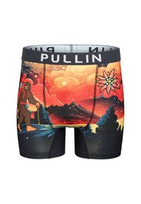 Boxer briefs ornés d'un design graphique coloré représentant une figure de randonneur sur fond de coucher de soleil, avec une ceinture noire portant l'inscription "PULLIN."