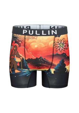 Boxer briefs ornés d'un design graphique coloré représentant une figure de randonneur sur fond de coucher de soleil, avec une ceinture noire portant l'inscription "PULLIN."