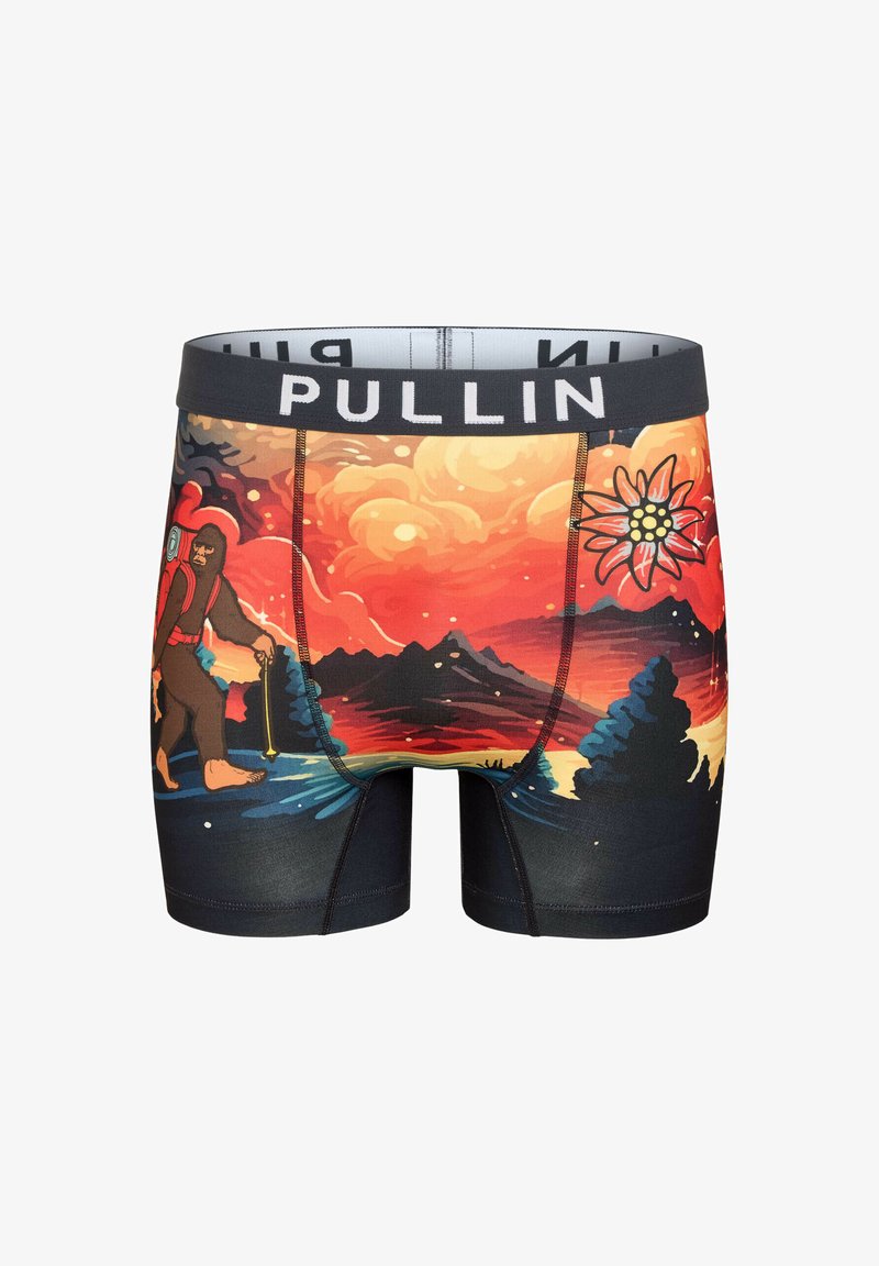 Boxer briefs ornés d'un design graphique coloré représentant une figure de randonneur sur fond de coucher de soleil, avec une ceinture noire portant l'inscription "PULLIN."