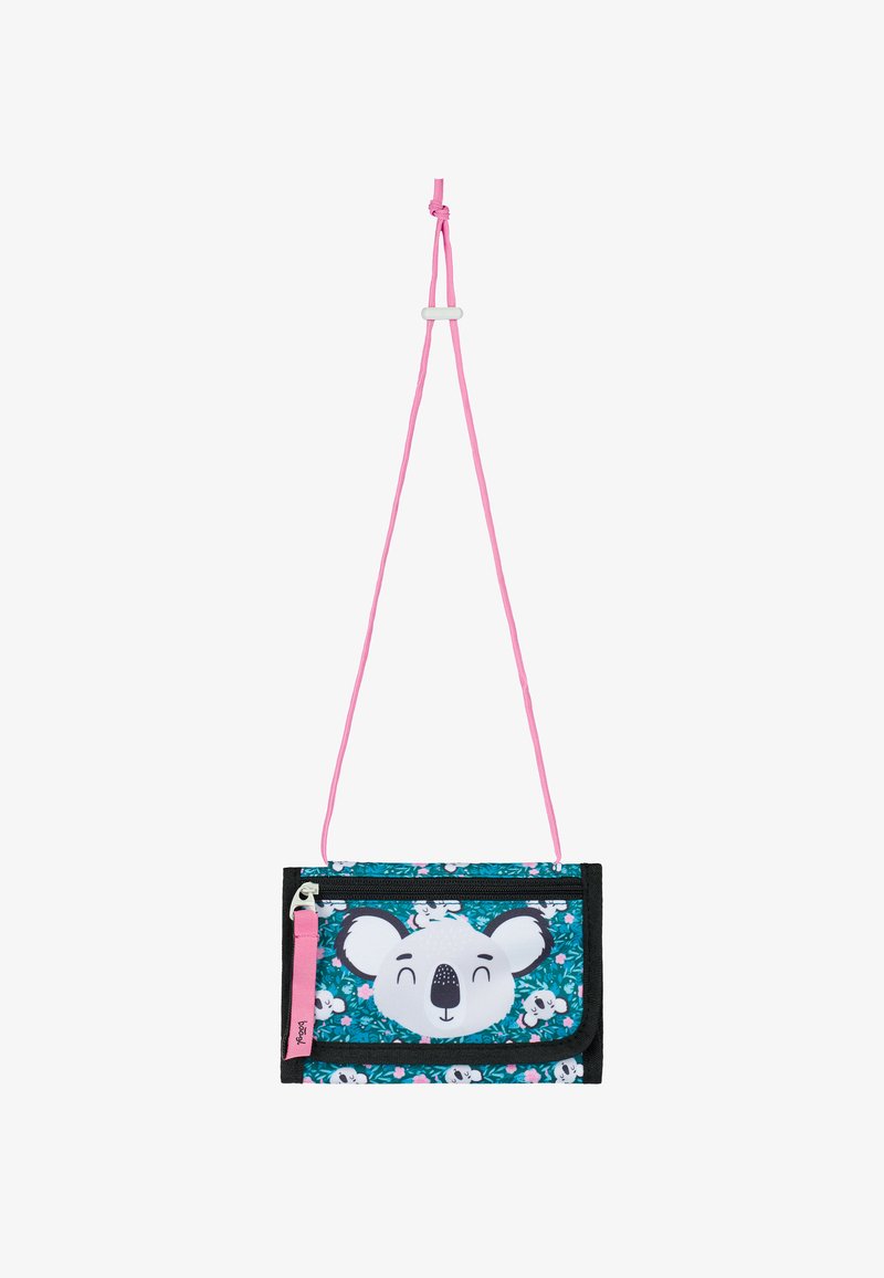 Borsa a tracolla a tema koala con un motivo floreale teal, bordo nero e cerniera rosa. Presenta una lunga tracolla rosa per un facile trasporto.