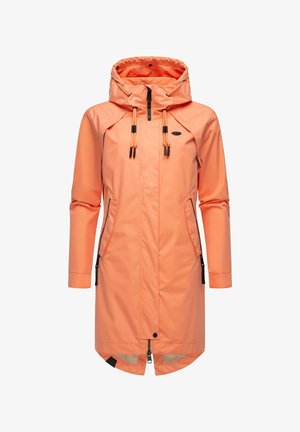 Roza vodoodporna jakna s kapuco, sprednjim zadrgo in nastavljivimi vrvicami. Ima dva zadrgana stranska žepa in ukrivljen rob.