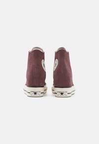 Violet suede korkeavartiset tennarit valkoisilla kumipohjilla, mustilla yksityiskohdilla ja pyöreällä logo-patchilla jokaisessa kantapäässä.