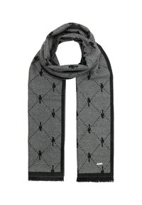 Szary szalik wykonany z miękkiego materiału, z diamentowym wzorem w czarnych sylwetkach i kropkowanych akcentach, wykończony czarnym frędzlem i metką z logo.