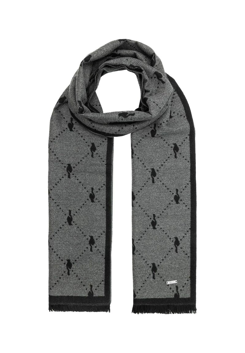 Szary szalik wykonany z miękkiego materiału, z diamentowym wzorem w czarnych sylwetkach i kropkowanych akcentach, wykończony czarnym frędzlem i metką z logo.