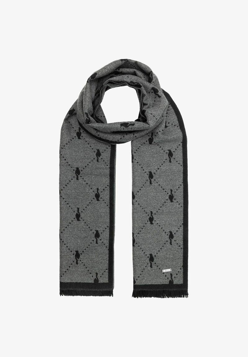 Szary szalik wykonany z miękkiego materiału, z diamentowym wzorem w czarnych sylwetkach i kropkowanych akcentach, wykończony czarnym frędzlem i metką z logo.