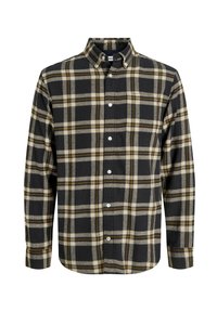 Chemise à manches longues avec boutons, motif à carreaux noir, blanc et marron, col boutonné.