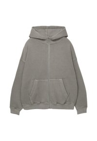 Gray zip-up hoodie with a large hood, oversized fit, kangaroo pockets, and ribbed cuffs and hem. Soft, thick fabric with minimal seams.