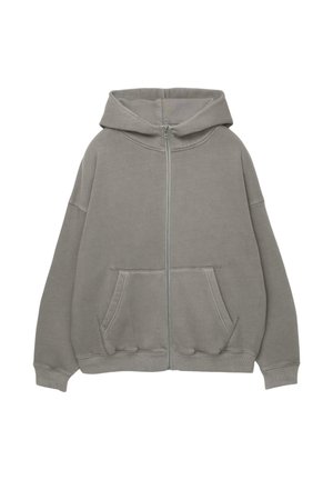 Gray zip-up hoodie with a large hood, oversized fit, kangaroo pockets, and ribbed cuffs and hem. Soft, thick fabric with minimal seams.