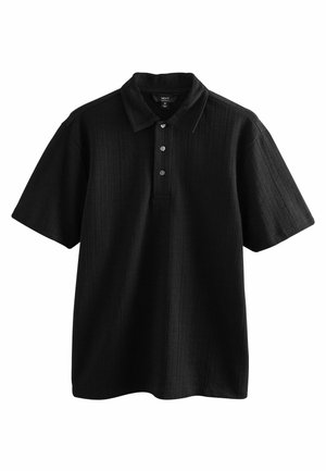 Schwarzes Poloshirt mit strukturierter Rippoptik, kurzen Ärmeln und Kragen. Verfügt über eine dreiknöpfige Knopfleiste und einen lockeren Schnitt.