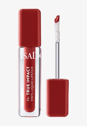 Rouge à lèvres liquide rouge dans un tube carré transparent avec un capuchon brillant. Comprend un applicateur doux pour une application précise.