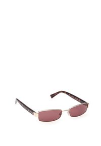 Sunglasses with rectangular pink lenses, brown tortoiseshell frames, and thin gold metal accents along the edges.