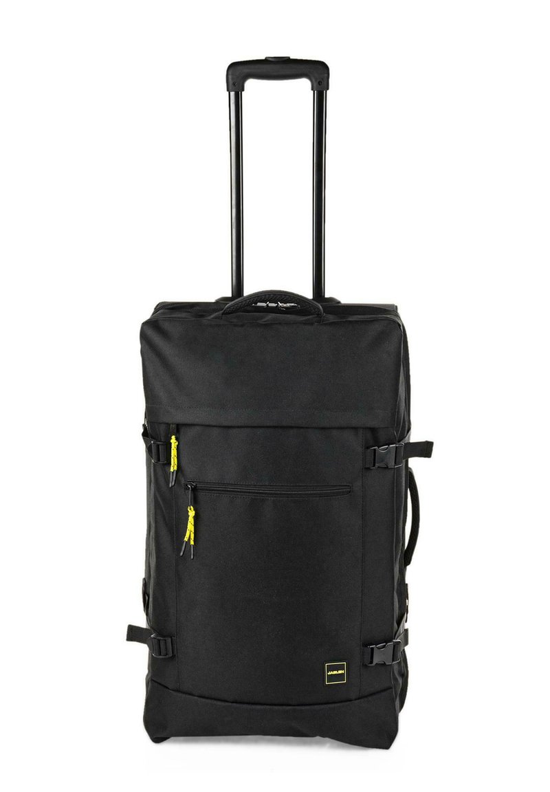 Mochila con ruedas de color negro hecha de un tejido resistente, con un mango retráctil, un bolsillo frontal con cremallera y tiradores de cremallera amarillos. Incluye correas ajustables.