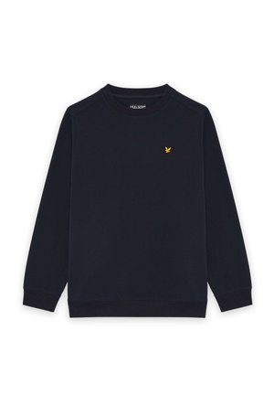 Marineblå langærmet crewneck sweatshirt med ribstrikkede manchetter og kant, med et lille gult fuglelogo på venstre bryst.