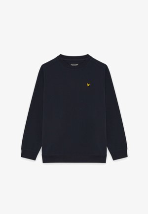 Marineblauer Sweatshirt mit Rundhalsausschnitt und langen Ärmeln, mit gerippten Bündchen und Saum, mit kleinem gelbem Vogel-Logo auf der linken Brust.