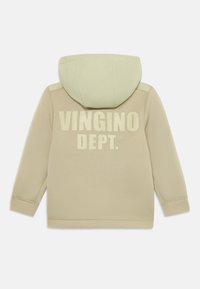 Beige hoodie with a green accent hood, featuring white "VINGINO DEPT." text on the back, relaxed fit, and soft fabric texture.