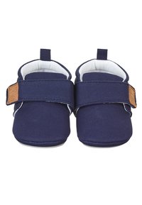 Navy blue fabric baby shoes with white lining, Velcro strap, and small loop at the back for easy wearing. Flat sole design.