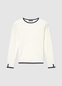 Long-sleeved white knit top with a navy blue ribbed collar and cuffs. Features a straight cut and subtle texture, no other patterns or accents.