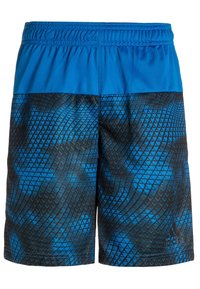 Blå shorts med elastisk midja. Övre delen är helt bl�å, nedre delen har ett svart och blått geometriskt mönster. Adidas-logotypen på fållen.