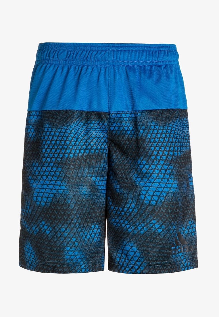 Modré šortky s elastickým pasem. Horní část je jednobarevná modrá, dolní část má černý a modrý geometrický vzor. Logo Adidas na lemu.
