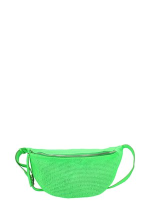 Banane en maille verte avec un dessus zippé, en forme semi-circulaire, avec une sangle ajustable et une texture respirante. Idéale pour un usage décontracté.