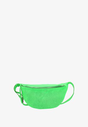 Banane en maille verte avec un dessus zippé, en forme semi-circulaire, avec une sangle ajustable et une texture respirante. Idéale pour un usage décontracté.