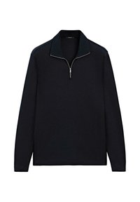 Zwarte quarter-zip pullover met lange mouwen, geribbelde kraag en subtiele stikdetails langs de schoudernaden. Gladde textuur.