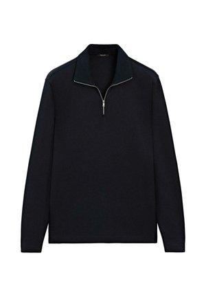 Sort quarter-zip pullover med lange ærmer, ribbet krave og diskret syning langs skuldersømmene. Glat texture.