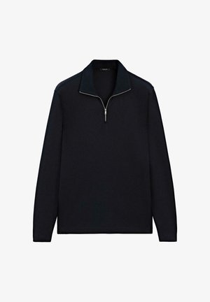 Zwarte quarter-zip pullover met lange mouwen, geribbelde kraag en subtiele stikdetails langs de schoudernaden. Gladde textuur.