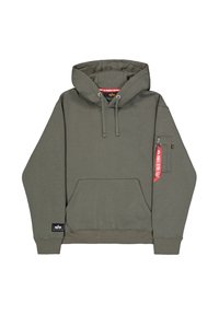 Felpa con cappuccio verde oliva, dotata di tasca a marsupio, stringhe regolabili e una tasca laterale con zip caratterizzata da un dettaglio a etichetta rossa.