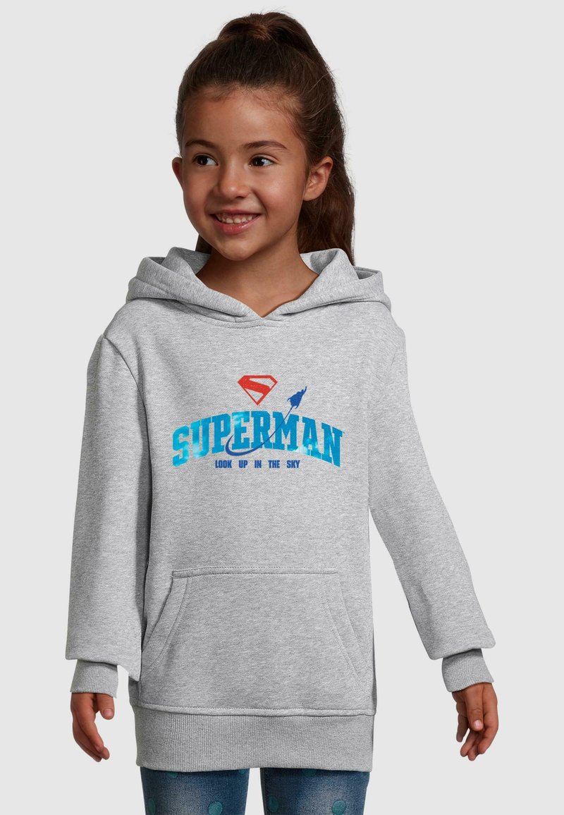 Gray hoodie with a front pocket, featuring blue and red Superman graphics. Soft fabric, long sleeves, and a lined hood.