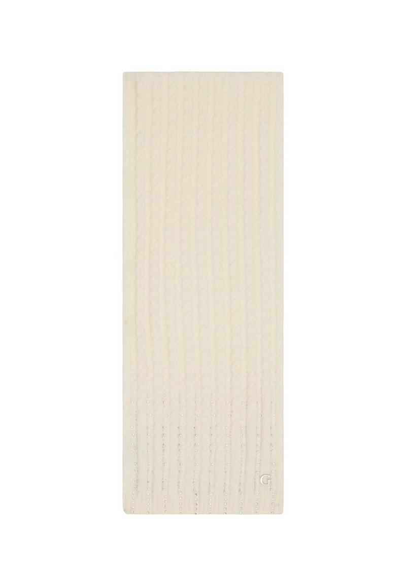 Coperta a maglia a treccia di colore crema, caratterizzata da un motivo testurizzato con linee in rilievo. Tessuto morbido con una leggera lucentezza. La forma è rettangolare.