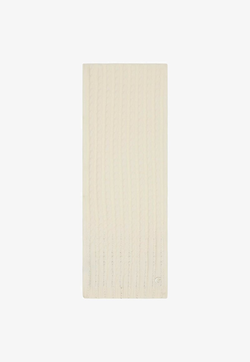 Kabelgebreide deken in crème kleur, met een textured patroon van opstaande lijnen. Zacht stof met een subtiele glans. Rechthoekige maat.