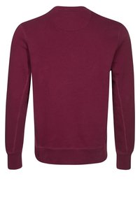 Felpa color marsala con maniche lunghe, scollatura rotonda e dettagli di cucitura visibili. Tessuto liscio e polsini a coste nella parte inferiore e alle maniche.