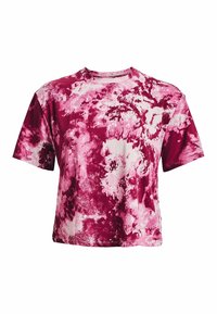 Krátký rukáv tričko v vínovém a růžovém tie-dye vzoru, vyrobené z měkké látky s volným střihem a klasickým kulatým výstřihem.