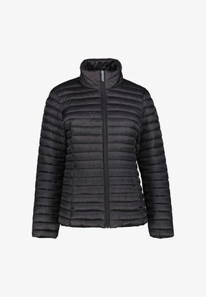 Czarna kurtka puchowa z kołnierzem stojącym, poziomym pikowaniem, zamkiem błyskawicznym z przodu oraz bez widocznych ozdób czy logo.