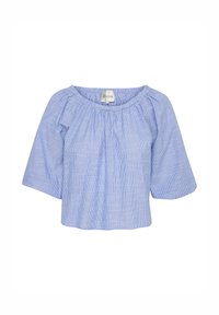 Blauw-witte gestreepte blouse met korte, ruime mouwen en een geplooide halslijn, gemaakt van een zachte, lichtgewicht stof en met een relaxed fit.