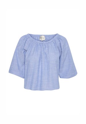 Modrá a biela pruhovaná blúzka s krátkymi širokými rukávmi a naťahovacím výstrihom, vyrobená z jemnej, ľahkej tkaniny a vo voľnom strihu.