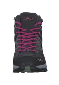Scarponi da trekking neri con lacci rosa, parte superiore in mesh e materiale sintetico, colletto imbottito e suola antiscivolo. Logo CMP visibile di lato.