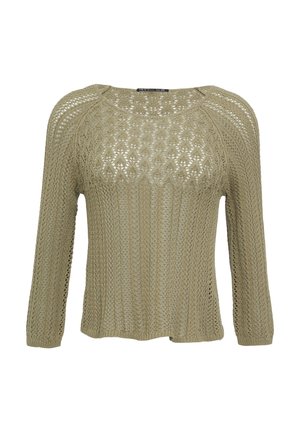 Gebreide trui in licht olijfgroen, met een losse weefpatroon, ronde halslijn en driekwartmouwen met geribbelde manchetten.