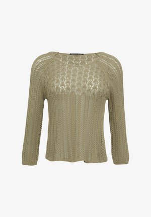 Pull en tricot de couleur vert olive clair, avec un motif de tissage lâche, un col rond et des manches trois quarts avec des poignets côtelés.