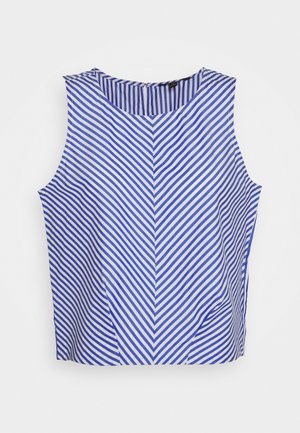 Ärmelloses blau-weiß gestreiftes Top mit diagonalen Streifen, die ein Chevron-Muster bilden, rundem Ausschnitt und Reißverschluss hinten.