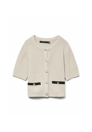 Strickjacke in hellem Beige mit kurzen Ärmeln, Knopfleiste, strukturiertem Muster, zwei schwarzen Taschenakzenten und rundem Ausschnitt.