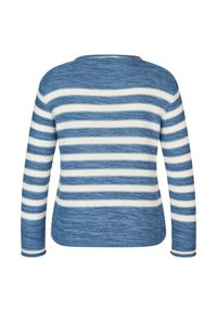 Blau-weiß gestreifter Pullover mit langen Ärmeln, Rundhalsausschnitt und strukturiertem Strickfinish. Die Streifen wechseln in der Breite.