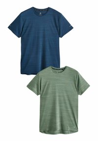 To kortærmede t-shirts: en marineblå med horisontale striber, en olivengrøn med et lignende stribe mønster. Letvægts, afslappet pasform.