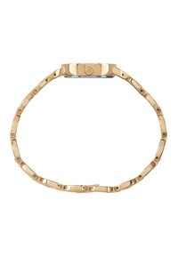 Guldmetal armbåndsur med et kæde-link stilrem, rund urkasse og en glat finish. Har et logo på kronen og minimal detaljer.