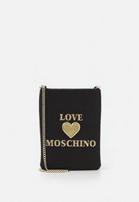 Black crossbody bag with gold-tone "LOVE" and heart accents. Features a chain strap and smooth texture, rectangular shape.